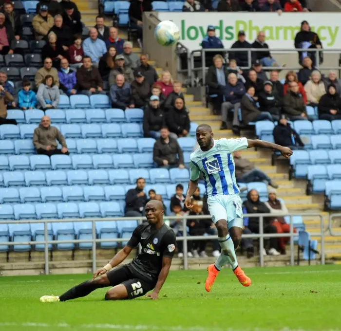 Framed Print : Frank Nouble's Deflected Strike: The Game-Changer in Coventry City's Sky Bet League One Victory over Peterborough United Framed Print : Frank Nouble's Deflected Strike: The Game-Changer in Coventry City's Sky Bet League One Victory over Peterborough United