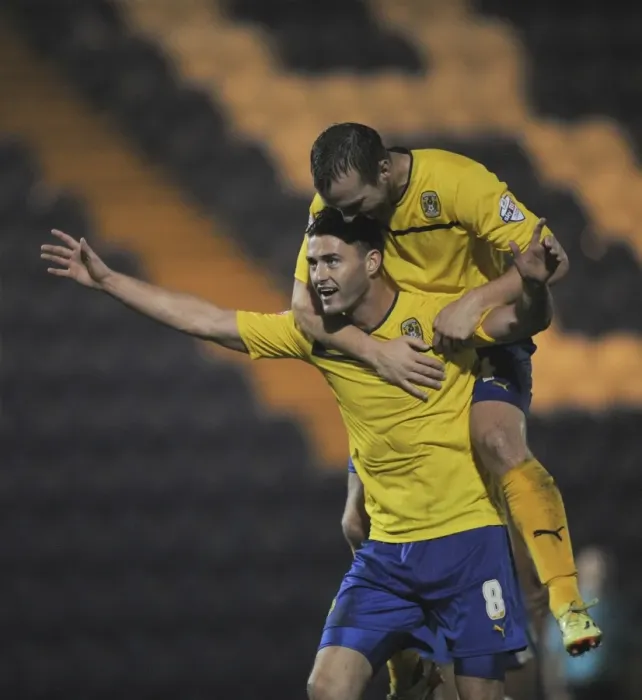 Framed Print : Gary Madine's Goal Celebration: Coventry City Triumphs Over Colchester United in Sky Bet League One