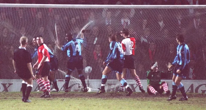 Framed Print : Gary McAllister's Deflected Free Kick: Own Goal Secures Coventry's FA Cup Replay Win over Woking (04-02-1997) Framed Print : Gary McAllister's Deflected Free Kick: Own Goal Secures Coventry's FA Cup Replay Win over Woking (04-02-1997)