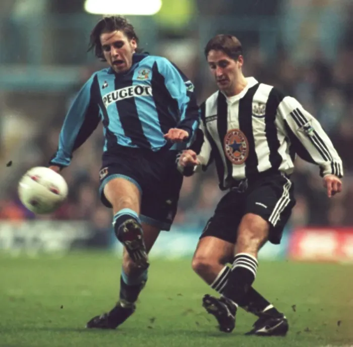 Framed Print : Intense 90s Showdown: Darren Huckerby vs. Robert Elliott on the Coventry City Football Field Framed Print : Intense 90s Showdown: Darren Huckerby vs. Robert Elliott on the Coventry City Football Field