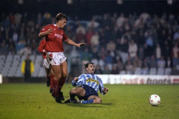 Framed Print : Intense Battle: Mickey Gynn vs. Carl Tiler - Coventry City vs. Nottingham Forest in the Rumbelows Cup Fourth Round (November 1990) Framed Print : Intense Battle: Mickey Gynn vs. Carl Tiler - Coventry City vs. Nottingham Forest in the Rumbelows Cup Fourth Round (November 1990)