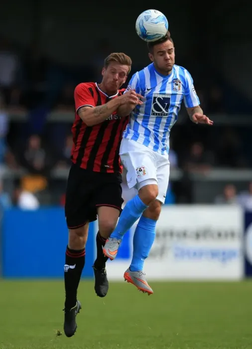 Framed Print : Intense Header Battle: Armstrong vs Mullins in Coventry City's Pre-Season Clash with Oxford United Framed Print : Intense Header Battle: Armstrong vs Mullins in Coventry City's Pre-Season Clash with Oxford United