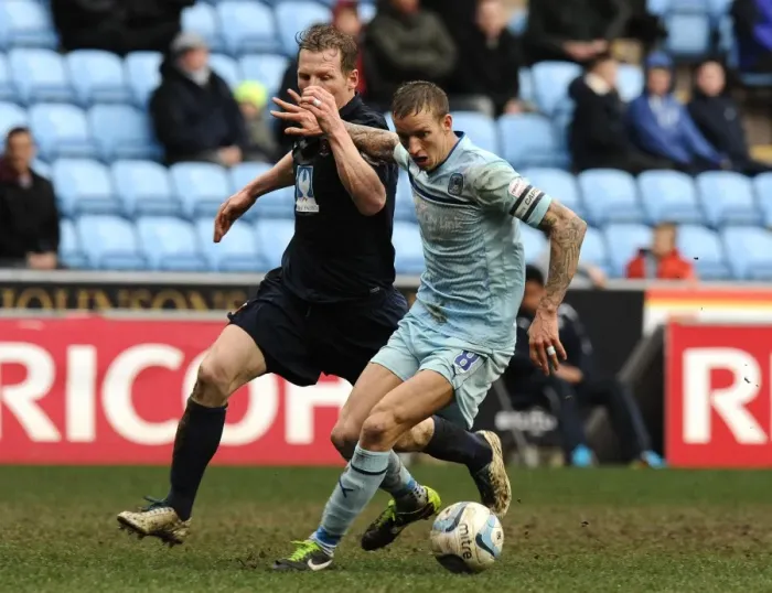 Framed Print : Intense Rivalry: Carl Baker vs. Ritchie Humphries Battle at Coventry City vs Hartlepool United, Npower League One Framed Print : Intense Rivalry: Carl Baker vs. Ritchie Humphries Battle at Coventry City vs Hartlepool United, Npower League One