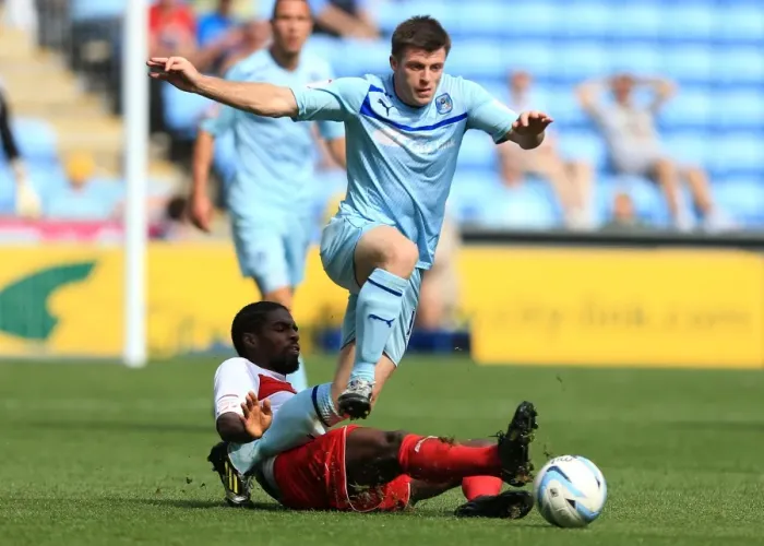 Framed Print : Intense Rivalry: Coventry City vs Stevenage in Npower League One at Ricoh Arena