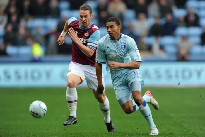 Framed Print : Intense Rivalry: Cyrus Christie vs. Kevin Nolan Battle for Ball (Npower Championship, Coventry City vs. West Ham United, 19-11-2011) Framed Print : Intense Rivalry: Cyrus Christie vs. Kevin Nolan Battle for Ball (Npower Championship, Coventry City vs. West Ham United, 19-11-2011)