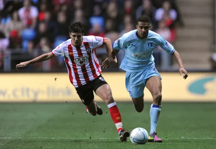 Framed Print : Intense Rivalry: Cyrus Christie vs Jack Cork - Coventry City vs Southampton (Npower Championship, 2011) Framed Print : Intense Rivalry: Cyrus Christie vs Jack Cork - Coventry City vs Southampton (Npower Championship, 2011)