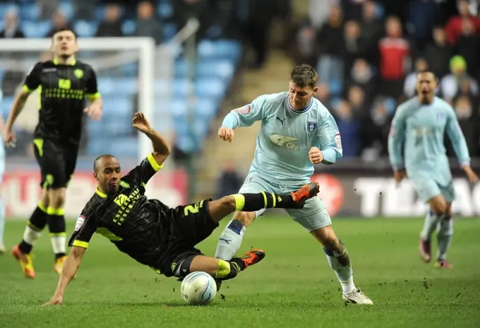 Framed Print : Intense Rivalry: Delph vs. Deegan Clash - Coventry City vs. Leeds United (Championship, 14-02-2012, Ricoh Arena) Framed Print : Intense Rivalry: Delph vs. Deegan Clash - Coventry City vs. Leeds United (Championship, 14-02-2012, Ricoh Arena)