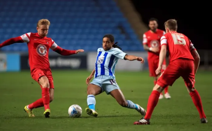 Framed Print : Intense Rivalry: Dominic Samuel vs. Josh Wright's Battle for Ball Supremacy in Coventry City vs. Leyton Orient (Sky Bet League One) Framed Print : Intense Rivalry: Dominic Samuel vs. Josh Wright's Battle for Ball Supremacy in Coventry City vs. Leyton Orient (Sky Bet League One)