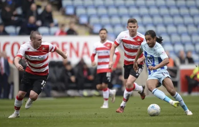 Framed Print : Intense Rivalry: Dominic Samuel vs Luke McCullough Clash in Coventry City vs Doncaster Rovers, Sky Bet League One Framed Print : Intense Rivalry: Dominic Samuel vs Luke McCullough Clash in Coventry City vs Doncaster Rovers, Sky Bet League One