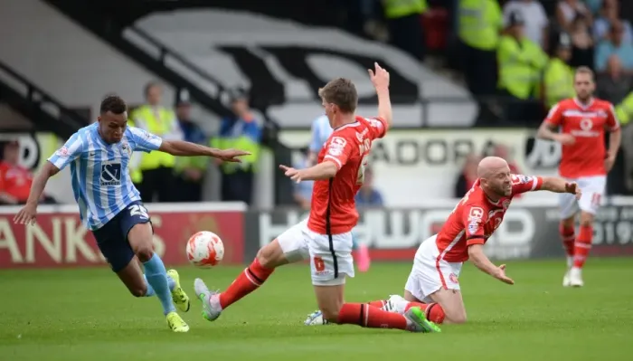 Framed Print : Intense Rivalry: Downing vs. Murphy Clash in Walsall vs. Coventry City Football Match, Sky Bet League One Framed Print : Intense Rivalry: Downing vs. Murphy Clash in Walsall vs. Coventry City Football Match, Sky Bet League One