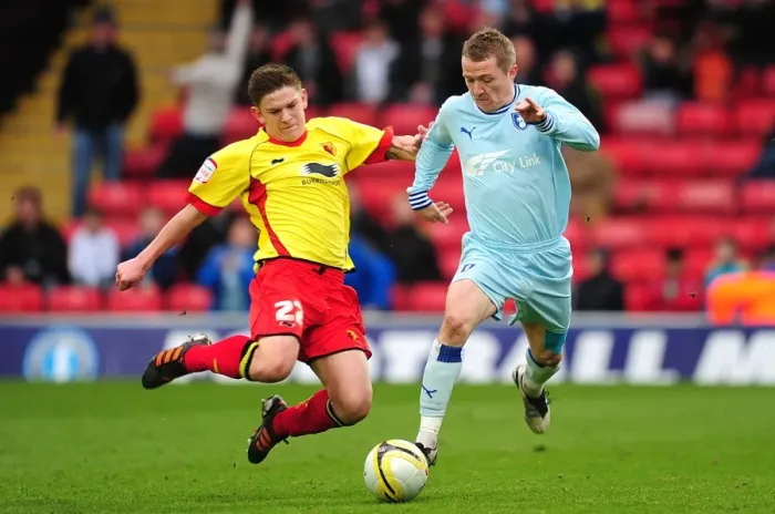 Framed Print : Intense Rivalry: Gary McSheffrey vs. Sean Murray - Coventry City's Championship Showdown at Vicarage Road Framed Print : Intense Rivalry: Gary McSheffrey vs. Sean Murray - Coventry City's Championship Showdown at Vicarage Road