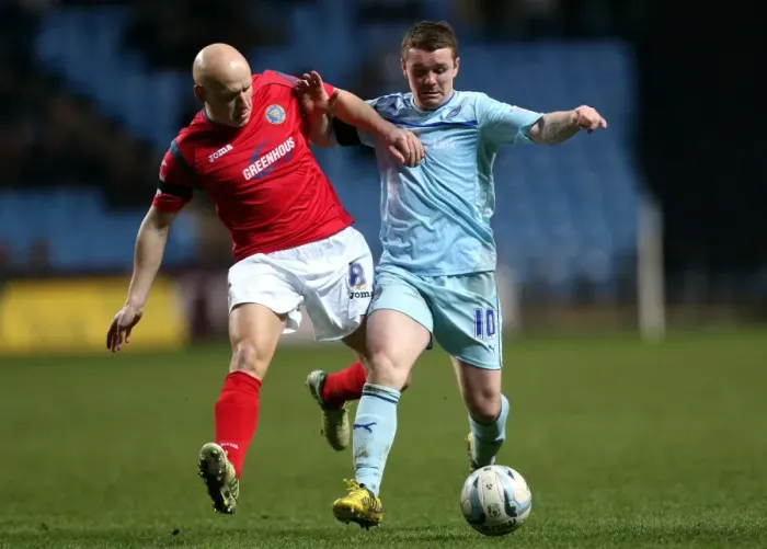 Framed Print : Intense Rivalry: John Fleck vs Matt Richards Clash in Coventry City vs Shrewsbury Town Npower League One Match at Ricoh Arena (2013)