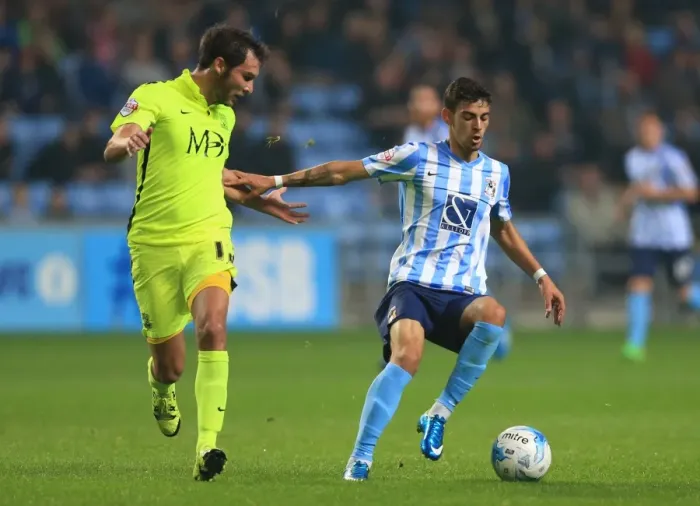 Framed Print : Intense Rivalry: Lameiras vs. Atkinson's Battle for Possession in Coventry City vs. Southend United (Sky Bet League One) Framed Print : Intense Rivalry: Lameiras vs. Atkinson's Battle for Possession in Coventry City vs. Southend United (Sky Bet League One)