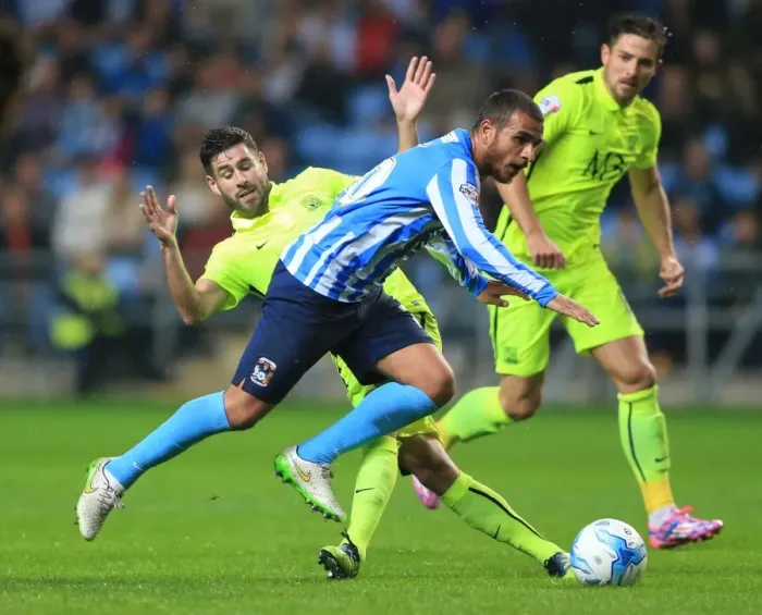Framed Print : Intense Rivalry: Marcus Tudgay vs. Michael Timlin - Coventry City vs. Southend United, Sky Bet League One: A Battle for Supremacy Framed Print : Intense Rivalry: Marcus Tudgay vs. Michael Timlin - Coventry City vs. Southend United, Sky Bet League One: A Battle for Supremacy