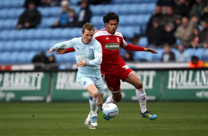 Framed Print : Intense Rivalry: McSheffrey vs. Haroun's Battle for Supremacy - Coventry City vs. Middlesbrough, Npower Championship (21-01-2012) Framed Print : Intense Rivalry: McSheffrey vs. Haroun's Battle for Supremacy - Coventry City vs. Middlesbrough, Npower Championship (21-01-2012)