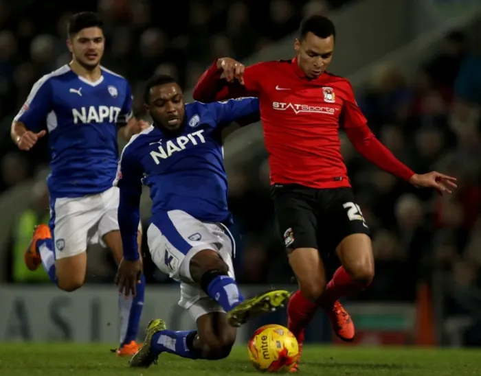 Framed Print : Intense Rivalry: Murphy vs Ebanks-Blake - Coventry City's Thrilling Tackle in League One Clash at Chesterfield