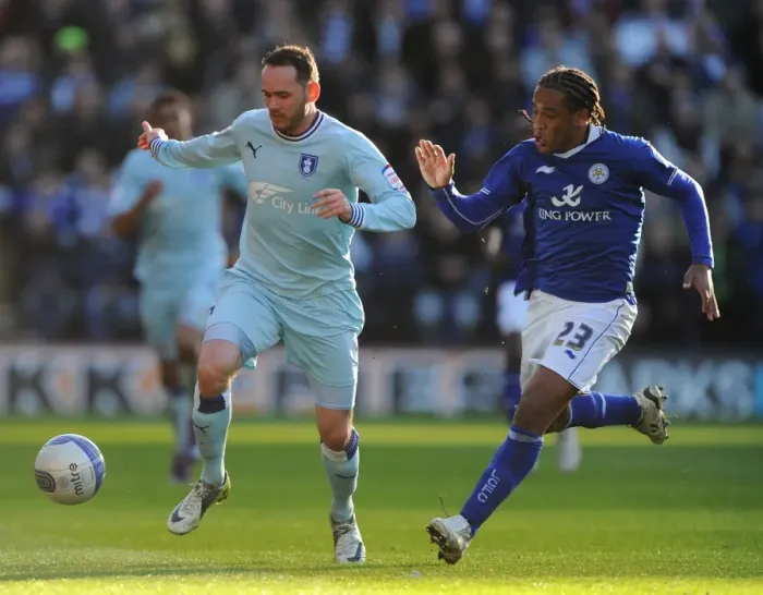 Framed Print : Intense Rivalry: Neil Danns vs. David Bell Clash in Npower Championship Match between Leicester City and Coventry City (03-03-2012) Framed Print : Intense Rivalry: Neil Danns vs. David Bell Clash in Npower Championship Match between Leicester City and Coventry City (03-03-2012)