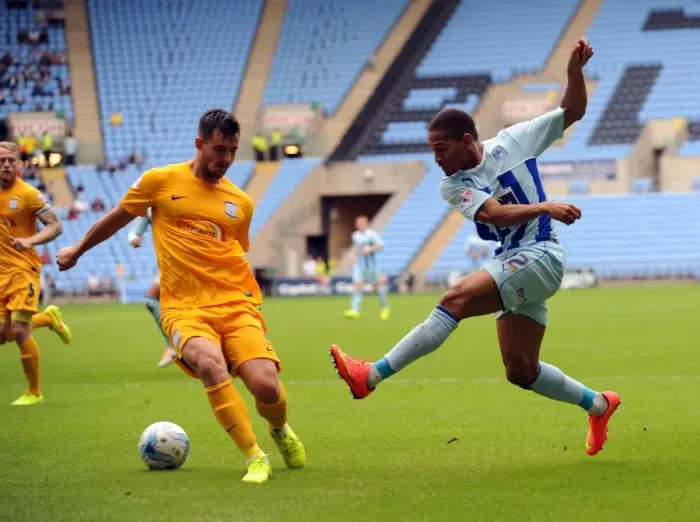 Framed Print : Intense Rivalry: Simeon Jackson vs Bailey Wright's Battle for Supremacy in Coventry City vs Preston North End (Sky Bet League One) Framed Print : Intense Rivalry: Simeon Jackson vs Bailey Wright's Battle for Supremacy in Coventry City vs Preston North End (Sky Bet League One)