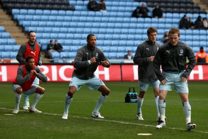 Framed Print : Intense Warm-Up: Coventry City Players Prepare for Championship Showdown against Middlesbrough (21-01-2012, Ricoh Arena)