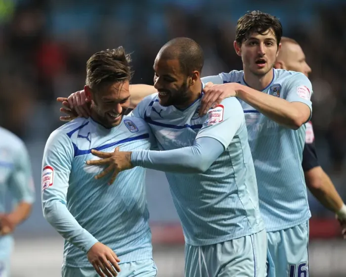 Framed Print : James Bailey Scores and Celebrates with David McGoldrick: Coventry City's Victory Moment vs. Preston North End in Npower League One