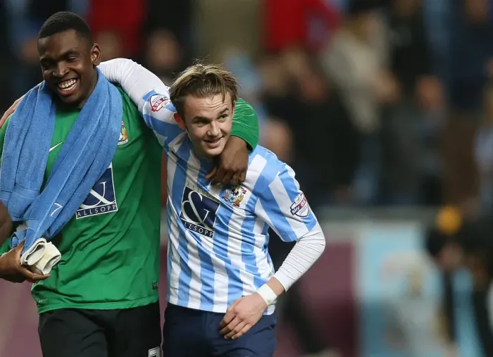 Framed Print : James Maddison and Reice Charles-Cook: Coventry City's Jubilant Winning Moment Against Port Vale