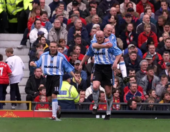 Framed Print : John Hartson's Double Strike: Coventry City's Glorious Victory Over Manchester United at Old Trafford (April 14, 2001)