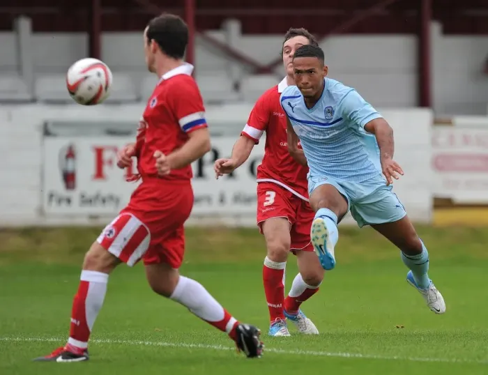 Framed Print : Jordan Clarke's Determined Strike: Coventry City's Pre-Season Clash at Accrington Stanley's Crown Ground Framed Print : Jordan Clarke's Determined Strike: Coventry City's Pre-Season Clash at Accrington Stanley's Crown Ground