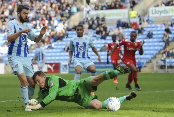 Framed Print : Josh McQuoid Scores Past Jamie Ashdown (Sky Bet League One): Coventry City's Victory over Crawley Framed Print : Josh McQuoid Scores Past Jamie Ashdown (Sky Bet League One): Coventry City's Victory over Crawley