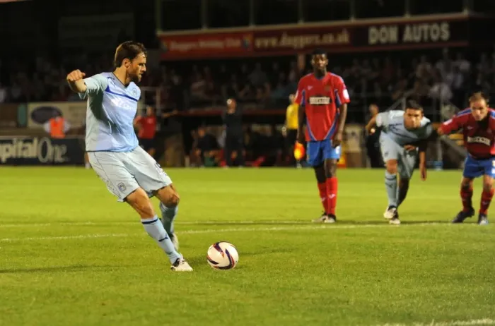 Framed Print : Kevin Kilbane Scores the Penalty Winner for Coventry City against Dagenham and Redbridge in Capital One Cup (August 14, 2012) Framed Print : Kevin Kilbane Scores the Penalty Winner for Coventry City against Dagenham and Redbridge in Capital One Cup (August 14, 2012)