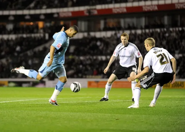 Framed Print : Leon Best Scores Opening Goal: Coventry City vs. Derby County in Championship Match (06-11-2009) Framed Print : Leon Best Scores Opening Goal: Coventry City vs. Derby County in Championship Match (06-11-2009)