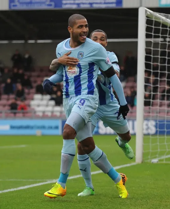 Framed Print : Leon Clarke and Callum Wilson: Celebrating Coventry City's Opening Goal Against Sheffield United (Sky Bet League One) Framed Print : Leon Clarke and Callum Wilson: Celebrating Coventry City's Opening Goal Against Sheffield United (Sky Bet League One)