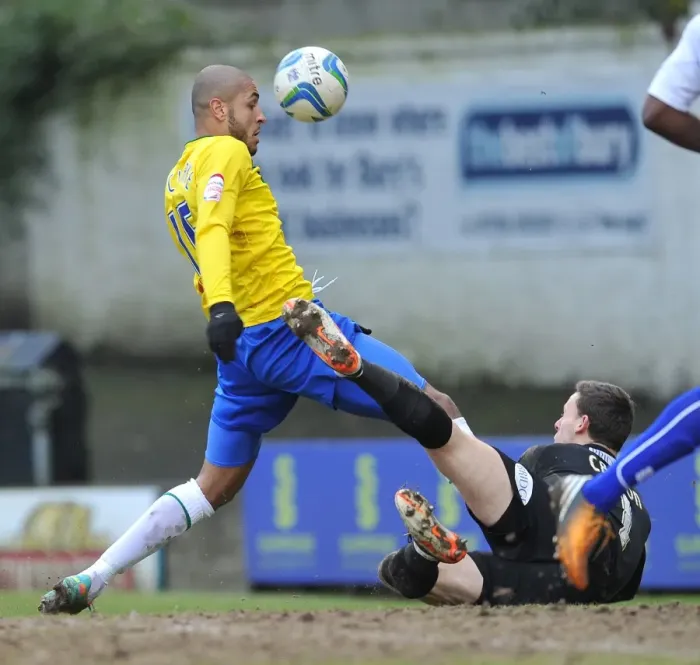 Framed Print : Leon Clarke's Goal Thwarted by Trevor Carson: Bury vs Coventry City (Npower League One, 16-02-2013)