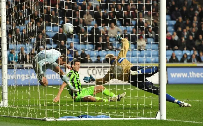 Framed Print : Lucas Jutkiewicz Scores Coventry City's Second Goal Against Brighton & Hove Albion in Championship Match (December 2011)