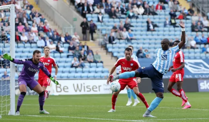 Framed Print : Marc Antoine-Fortune: Coventry City's Star Forward in Sky Bet League One Thriller vs Chesterfield at Ricoh Arena Framed Print : Marc Antoine-Fortune: Coventry City's Star Forward in Sky Bet League One Thriller vs Chesterfield at Ricoh Arena