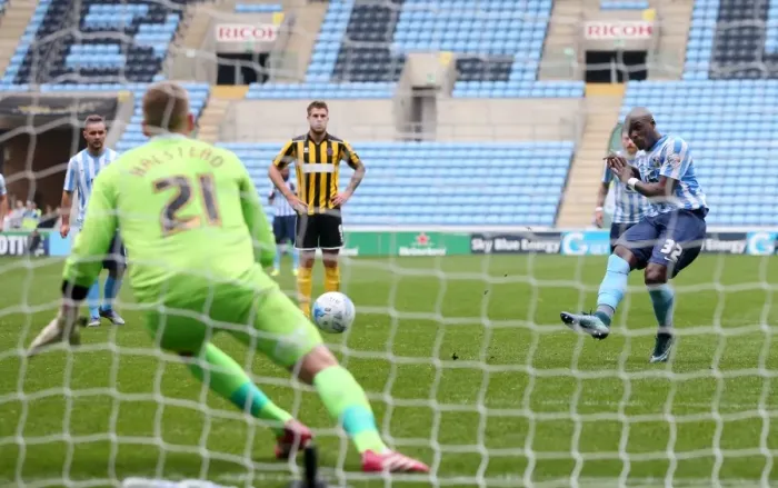 Framed Print : Marc Antoine Fortune Scores Penalty: Coventry City's Victory Moment vs Shrewsbury Town (Sky Bet League One) Framed Print : Marc Antoine Fortune Scores Penalty: Coventry City's Victory Moment vs Shrewsbury Town (Sky Bet League One)