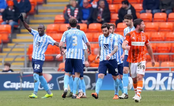 Framed Print : Marc-Antoine Fortune's Goal Celebration: Coventry City's First Strike in Sky Bet League One Against Blackpool (2015-16) Framed Print : Marc-Antoine Fortune's Goal Celebration: Coventry City's First Strike in Sky Bet League One Against Blackpool (2015-16)