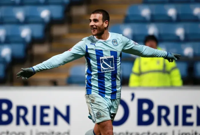 Framed Print : Marcus Tudgay Scores First Goal: Coventry City's Triumph over Scunthorpe United in Sky Bet League One at Ricoh Arena Framed Print : Marcus Tudgay Scores First Goal: Coventry City's Triumph over Scunthorpe United in Sky Bet League One at Ricoh Arena