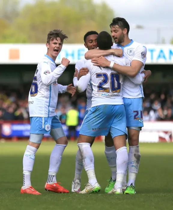 Framed Print : Marcus Tudgay's First Goal: Coventry City's Triumph Against Crawley Town - Celebrated by James Maddison and Aaron Martin Framed Print : Marcus Tudgay's First Goal: Coventry City's Triumph Against Crawley Town - Celebrated by James Maddison and Aaron Martin