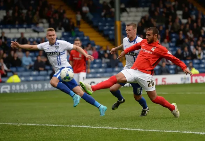 Framed Print : Marcus Tudgay's Strike at Gigg Lane: Coventry City in Sky Bet League One Framed Print : Marcus Tudgay's Strike at Gigg Lane: Coventry City in Sky Bet League One