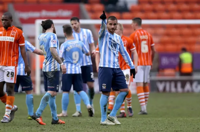 Framed Print : Marcus Tudgay's Triumphant Salute: Coventry City's Victory Celebration at Bloomfield Road Framed Print : Marcus Tudgay's Triumphant Salute: Coventry City's Victory Celebration at Bloomfield Road