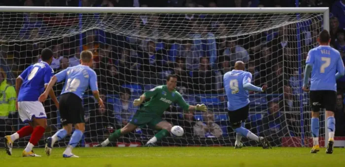Framed Print : Marlon King Scores Penalty for Coventry City at Fratton Park against Portsmouth (Npower Championship, 12-04-2011)