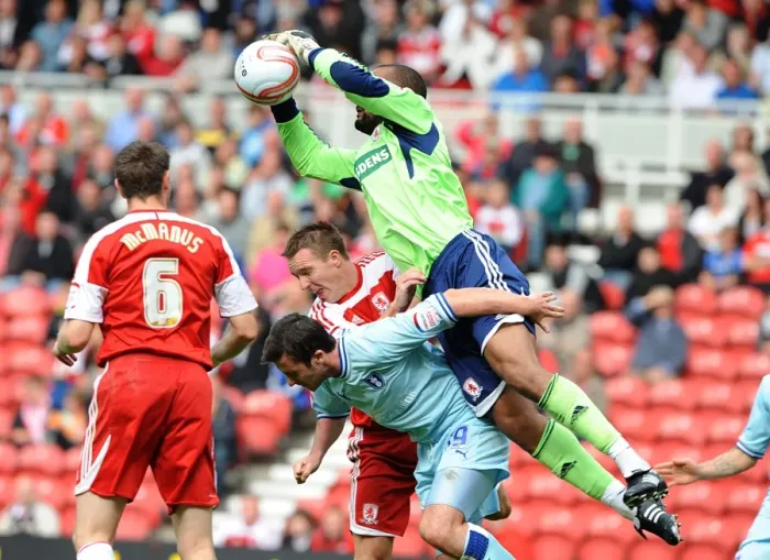 Framed Print : Middlesbrough vs Coventry City: Carl Ikeme Saves Roy O'Donovan's Header in Championship Clash at Riverside Stadium Framed Print : Middlesbrough vs Coventry City: Carl Ikeme Saves Roy O'Donovan's Header in Championship Clash at Riverside Stadium