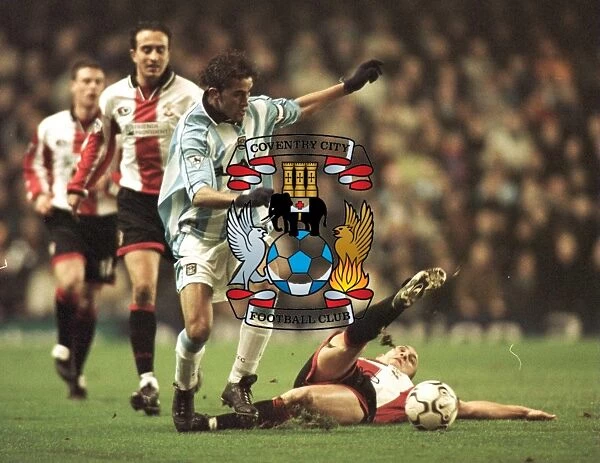 Moustapha Hadji Dodges Mark Draper's Tackle in Coventry City vs. Southampton FA Premiership Clash (22-12-2000, Highfield Road)