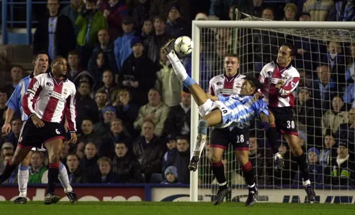 Framed Print : Moustapha Hadji's Epic Overhead Attempt vs Southampton (FA Premiership, Coventry City, 22-12-2000) Framed Print : Moustapha Hadji's Epic Overhead Attempt vs Southampton (FA Premiership, Coventry City, 22-12-2000)