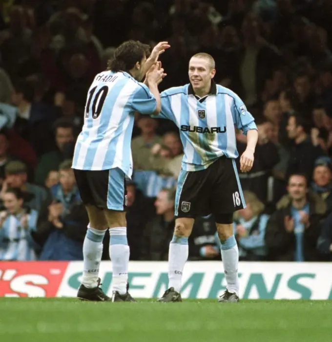 Framed Print : Mustapha Hadji and Craig Bellamy: Celebrating Coventry City's Historic First Goal Against Leicester City in FA Carling Premiership (07-04-2001) Framed Print : Mustapha Hadji and Craig Bellamy: Celebrating Coventry City's Historic First Goal Against Leicester City in FA Carling Premiership (07-04-2001)