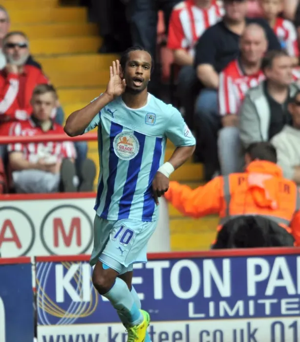 Framed Print : Nathan Delfouneso's Thrilling Debut Goal for Coventry City: A Memorable Moment at Bramall Lane Against Sheffield United (2014) Framed Print : Nathan Delfouneso's Thrilling Debut Goal for Coventry City: A Memorable Moment at Bramall Lane Against Sheffield United (2014)