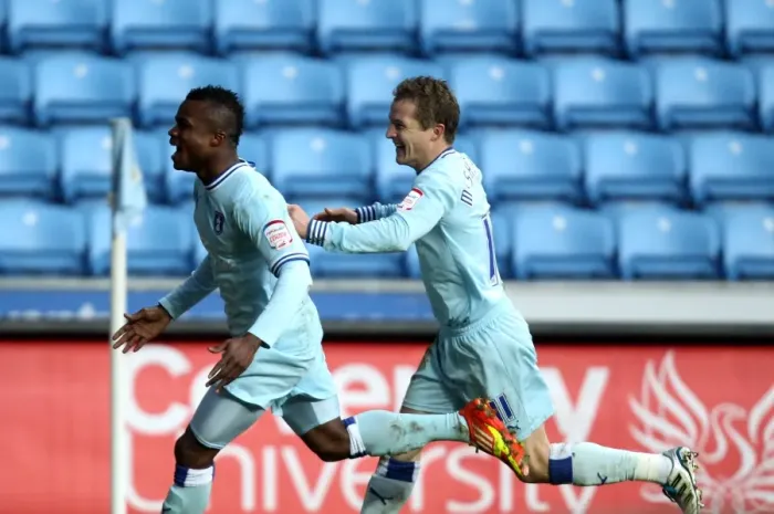 Framed Print : Nimely and McSheffrey's Double Strike: Coventry City's Championship Victory Moment (21-01-2012) Framed Print : Nimely and McSheffrey's Double Strike: Coventry City's Championship Victory Moment (21-01-2012)