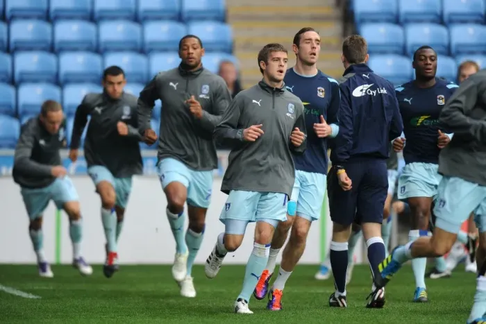 Framed Print : Pre-Match Warm-Up: Coventry City Players Gear Up Against West Ham United at Ricoh Arena (Npower Championship, 2011)