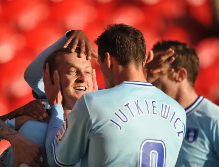 Framed Print : Sammy Clingan Scores the Opener: Coventry City's Victory Moment vs. Doncaster Rovers in Championship (2011)