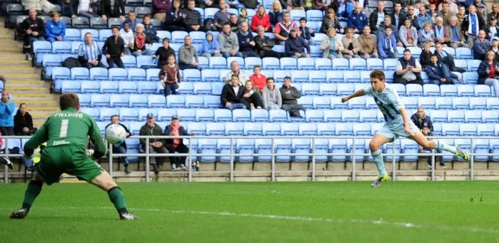 Framed Print : Shaun Miller Scores First Goal for Coventry City Against Bristol City in Sky Bet League One Framed Print : Shaun Miller Scores First Goal for Coventry City Against Bristol City in Sky Bet League One